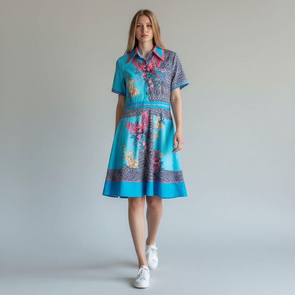 Dalia MacPhee Turquoise Bird Floral Patchwork Dress XL Boho Retro (no belt)